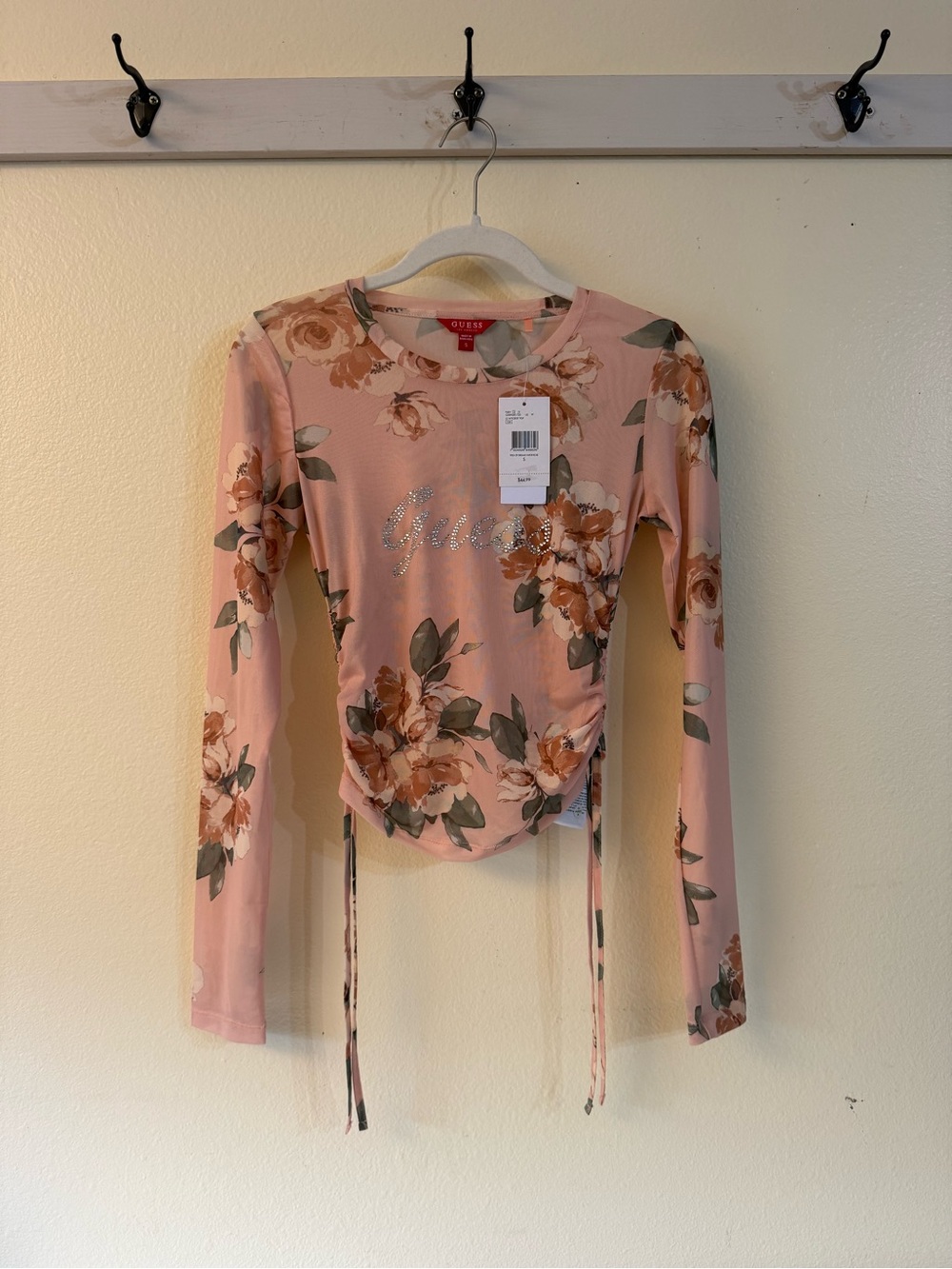 GUESS Pink Floral Long-Sleeve Tie-Waist Rhinestone Logo Top